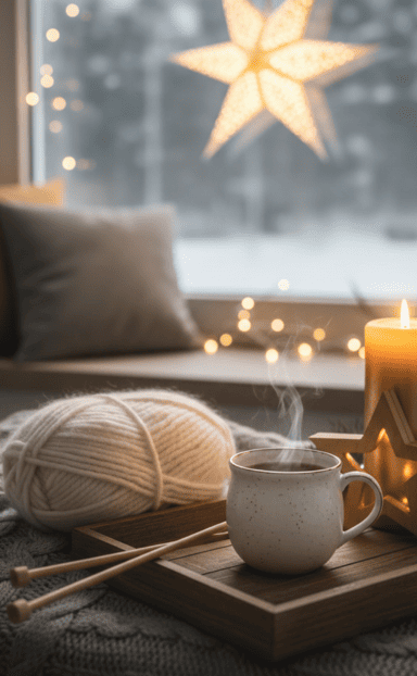 Pelote de laine et tasse de boisson chaude sur un plaid, pr&egrave;s d&rsquo;une fen&ecirc;tre hivernale.